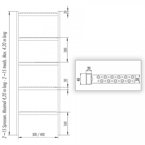 Hailo Schachtleiter 300mm lichte Weite Edelstahl 1.4571 / ASTM 316ti mit 12 Sprossen 3,36m