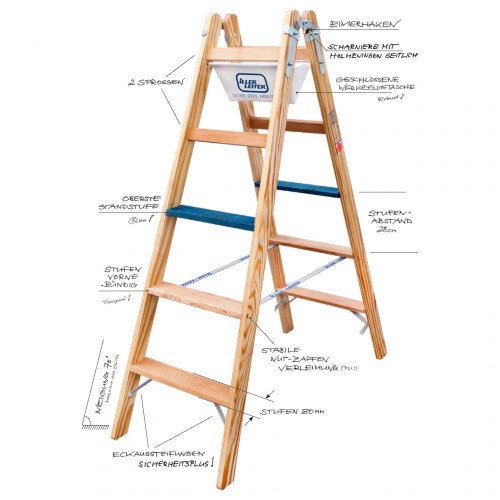Iller Holz Stufenstehleiter ERGO Plus inkl. Werkzeugtasche und Eimerhaken 2x5 Stufen 2,78m AH